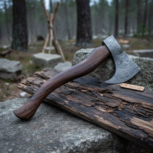 Load image into Gallery viewer, Handmade Damascus Steel Tomahawk Axe – Hand Forged Bearded Hatchet with Curved Hardwood Handle for Camping and Bushcraft | JW SteelCrafts