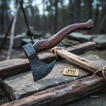 Load image into Gallery viewer, Handmade Damascus Steel Tomahawk Axe – Hand Forged Bearded Hatchet with Curved Hardwood Handle for Camping and Bushcraft | JW SteelCrafts
