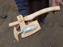 Load image into Gallery viewer, Handmade Damascus Steel Viking Axe and Matching Knife Set with Ash Wood Handle and Leather Sheath