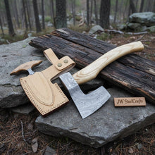Load image into Gallery viewer, Handmade Damascus Steel Viking Axe and Matching Knife Set with Ash Wood Handle and Leather Sheath