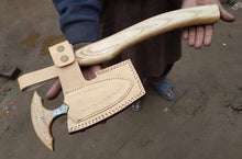 Load image into Gallery viewer, Handmade Damascus Steel Viking Axe and Matching Knife Set with Ash Wood Handle and Leather Sheath