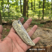 Load image into Gallery viewer, Handmade Engraved Damascus Folding Knife – Brass Handle EDC Pocket Knife