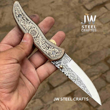 Load image into Gallery viewer, Handmade Engraved Damascus Folding Knife – Brass Handle EDC Pocket Knife