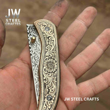 Load image into Gallery viewer, Handmade Engraved Damascus Folding Knife – Brass Handle EDC Pocket Knife