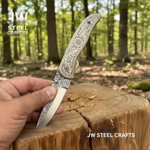 Load image into Gallery viewer, Handmade Engraved Damascus Folding Knife – Brass Handle EDC Pocket Knife