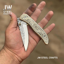 Load image into Gallery viewer, Handmade Engraved Damascus Folding Knife – Brass Handle EDC Pocket Knife