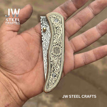 Load image into Gallery viewer, Handmade Engraved Damascus Folding Knife – Brass Handle EDC Pocket Knife