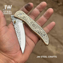 Load image into Gallery viewer, Handmade Engraved Damascus Folding Knife – Brass Handle EDC Pocket Knife