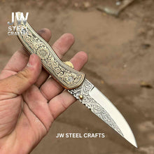 Load image into Gallery viewer, Handmade Engraved Damascus Folding Knife – Brass Handle EDC Pocket Knife