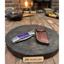 Load image into Gallery viewer, Handmade Feather Pattern Damascus Folding Knife with Purple Resin Handle &amp; Leather Sheath