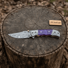Load image into Gallery viewer, Handmade Feather Pattern Damascus Folding Knife with Purple Resin Handle &amp; Leather Sheath