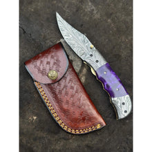 Load image into Gallery viewer, Handmade Feather Pattern Damascus Folding Knife with Purple Resin Handle &amp; Leather Sheath