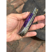 Load image into Gallery viewer, Handmade Feather Pattern Damascus Folding Knife with Purple Resin Handle &amp; Leather Sheath