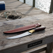 Load image into Gallery viewer, Handmade Fillet Knife – 11 Inch Overall, Curved Fish Filleting Blade with Rosewood Handle, Full Tang Fishing Knife with Leather Sheath, JW SteelCrafts
