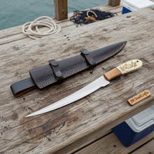 Load image into Gallery viewer, Handmade Fillet Knife – 13 Inch , Narrow Fish Filleting Blade with Engraved Bone and Wood Handle, Full Tang Fishing Knife with Leather Sheath