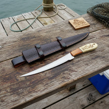 Load image into Gallery viewer, Handmade Fillet Knife – 13 Inch , Narrow Fish Filleting Blade with Engraved Bone and Wood Handle, Full Tang Fishing Knife with Leather Sheath