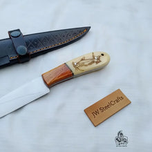 Load image into Gallery viewer, Handmade 13 Inch Fillet Knife with Engraved Bone and Wood Handle, Full Tang Fishing Knife with Leather Sheath