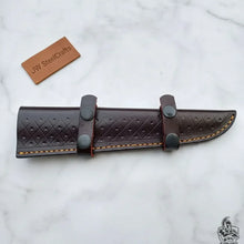 Load image into Gallery viewer, Handmade 13 Inch Fillet Knife with Engraved Bone and Wood Handle, Full Tang Fishing Knife with Leather Sheath