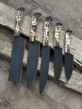 Load image into Gallery viewer, Handmade Hammered Chef Knife Set with Stag Antler Handles | 5-Piece Kitchen Knife Set
