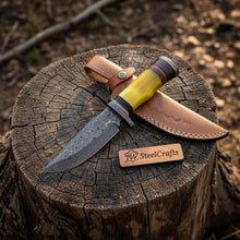 Load image into Gallery viewer, Handmade Hunter Clip Point Bowie Knife Damascus Steel Yellow Handle JW SteelCrafts