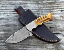 Load image into Gallery viewer, Handmade Hunting Knife, Damascus Steel Fixed Blade Knife Carved Burnt Camel Bone Handle