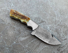 Load image into Gallery viewer, Handmade Hunting Knife, Damascus Steel Fixed Blade Knife Carved Burnt Camel Bone Handle