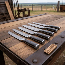 Load image into Gallery viewer, 6-Piece Damascus Kitchen Knife Set — Black Wood Handles, Steel Bolsters, Bread, Slicer, Chef, Santoku, Utility &amp; Paring with Leather Roll