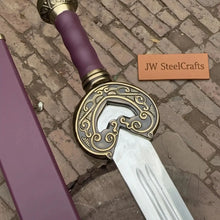 Load image into Gallery viewer, Handmade Medieval Knight Sword Replica | Polished Carbon Steel, Leather Handle &amp; Wooden Scabbard