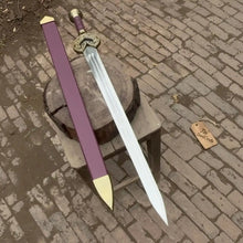 Load image into Gallery viewer, Handmade Medieval Knight Sword Replica | Polished Carbon Steel, Leather Handle &amp; Wooden Scabbard