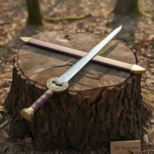 Load image into Gallery viewer, Handmade Medieval Knight Sword Replica | Polished Carbon Steel, Leather Handle &amp; Wooden Scabbard