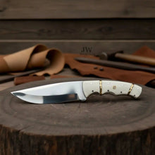 Load image into Gallery viewer, Ranch Hand Utility Knife Fixed Blade white resin Handle Full Tang Brass Spacer Western Knife