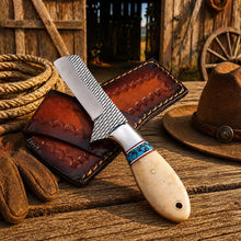 Load image into Gallery viewer, Handmade Rasp Steel Cowboy Bull Cutter Knife – Turquoise &amp; Camel Bone Handle with Leather Sheath