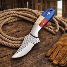 Load image into Gallery viewer, Handmade Rasp Steel Cowboy Knife – Texas Flag Handle, Pancake Leather Sheath
