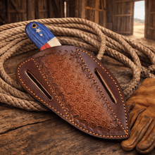 Load image into Gallery viewer, Handmade Rasp Steel Cowboy Knife – Texas Flag Handle, Pancake Leather Sheath