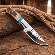 Load image into Gallery viewer, Handmade Rasp Steel Cowboy Skinning Knife – Ram Horn &amp; Turquoise Handle with Leather Belt Sheath
