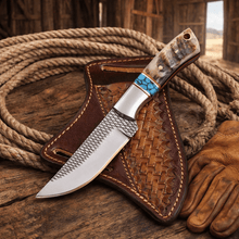 Load image into Gallery viewer, Handmade Rasp Steel Cowboy Skinning Knife – Ram Horn &amp; Turquoise Handle with Leather Belt Sheath