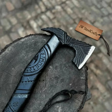 Load image into Gallery viewer, Hand Forged Viking Battle Axe with Carved Black Hardwood Handle