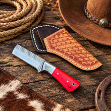 Load image into Gallery viewer, Custom Handmade Horse Rasp Stainless Steel 3-Inch Western Bull Cutter with Red Stone Handle &amp; Leather Sheath