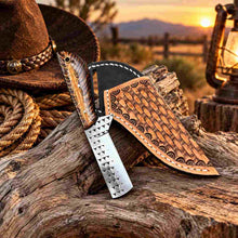 Load image into Gallery viewer, Custom Handmade Horse Rasp Stainless Steel 6-Inch Western Cowboy Bull Cutter with Resin &amp; Pinecone Handle and Leather Sheath
