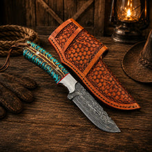 Load image into Gallery viewer, Western Belt Carry Knife – 4” Damascus Blade Pinecone Handle