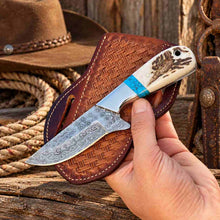 Load image into Gallery viewer, Handmade Raindrop Damascus Cowboy Knife with Antler Horn, Turquoise Handle &amp; Leather Sheath