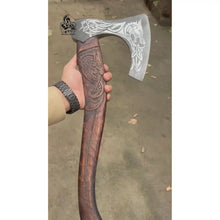 Load image into Gallery viewer, Hand-Engraved Viking Bearded Axe with Carved Hardwood Handle – Damascus Steel Blade | JW SteelCrafts