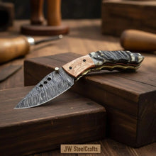 Load image into Gallery viewer, Handmade Damascus Steel Folding Knife with Engraved Metal Handle – Premium EDC Pocket Knife