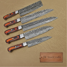 Load image into Gallery viewer, 5-Piece Handmade Damascus Kitchen Knife Set with Red Pakka Wood Handles