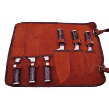 Load image into Gallery viewer, 6-Piece Ladder Pattern Damascus Knife Set with Black Wood Handles and Steel Bolsters