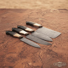 Load image into Gallery viewer, 4-piece high-carbon Damascus butcher knife set – bone and horn handle with brass pins