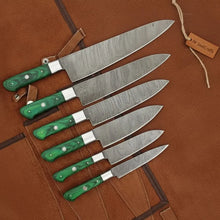 Load image into Gallery viewer, 6-Piece Handmade Damascus Steel Kitchen Knife Set, Green Wood Handle, Professional Chef Culinary