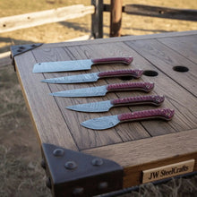 Load image into Gallery viewer, 6-Piece Damascus Knife Set with Red Wood Handles and Brass Pins