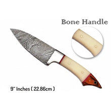 Load image into Gallery viewer, 6-Piece Damascus Kitchen Knife Set — Chef, Bread, Fillet, Cleaver &amp; Utility Knives with White Bone and Red Wood Handles, Leather Roll &amp; Sharpener