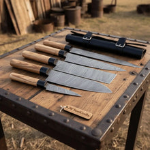 Load image into Gallery viewer, 4-Piece Twisted Damascus Kitchen Knife Set — Chef, Nakiri, Slicer &amp; Paring with Olive Wood Wa Handles &amp; Black Leather Roll | JW Steel Crafts